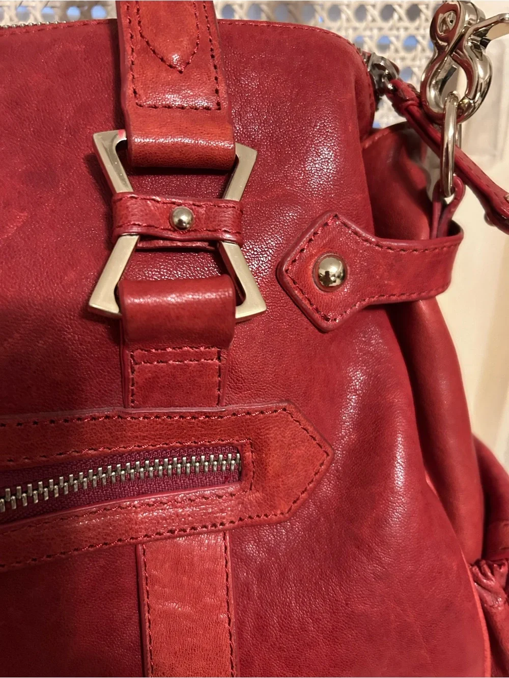 Junior Drake Red Leather Shoulder Bag with Dual Front Pockets
